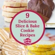 Slice and bake cookie recipe list graphic with text and photos.