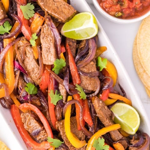 Overhead view of steak fajitas.