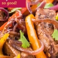 Pinterest title image for Steak Fajitas with text that reads "Steak Fajitas - so good!" and "Get the recipe at RachelCooks.com"