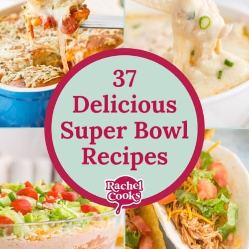 Super bowl appetizers round up graphic with text and photos.