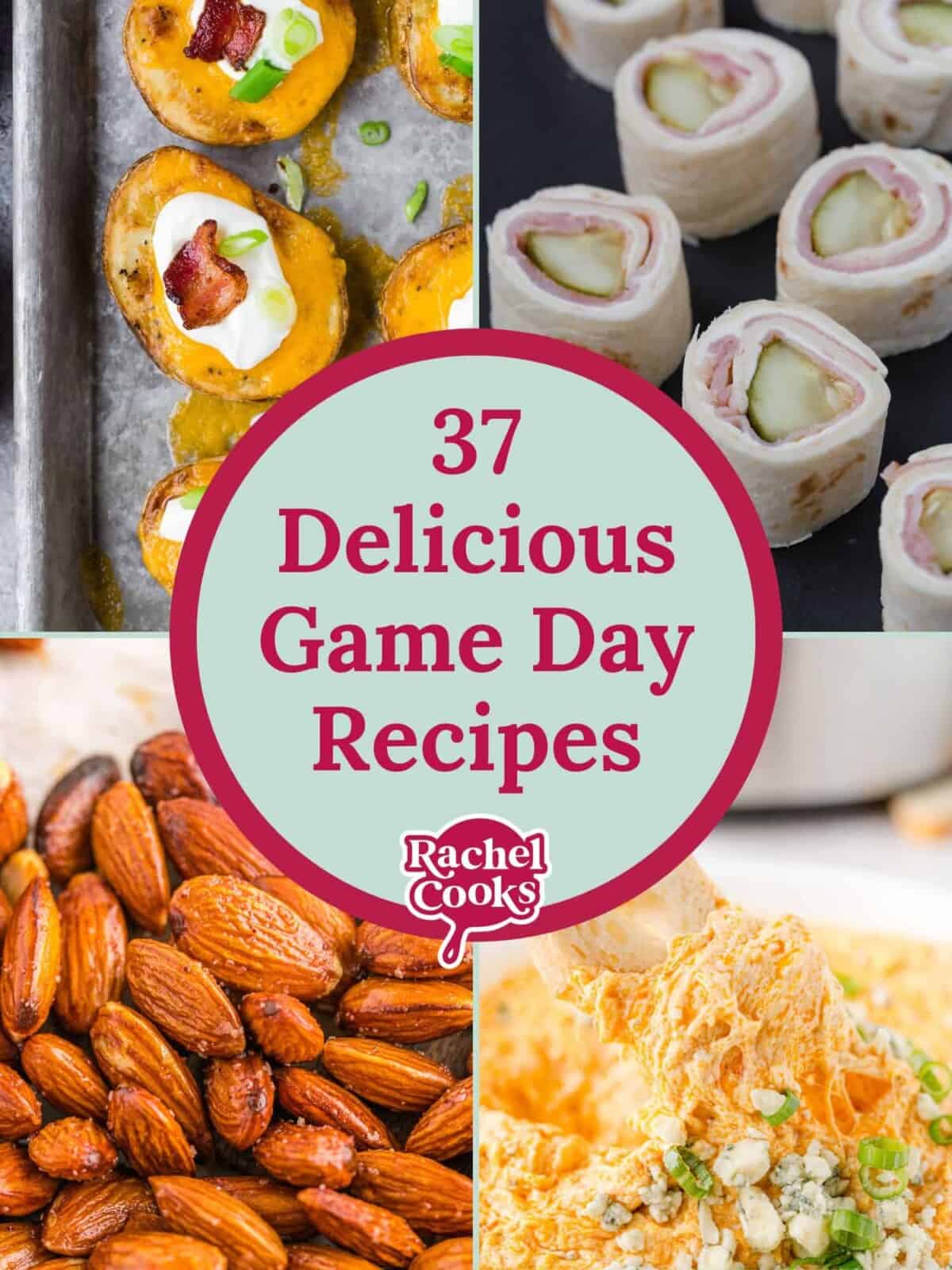 Super bowl appetizers round up graphic with text and photos.