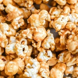 Close up of peanut butter popcorn, filling the frame.