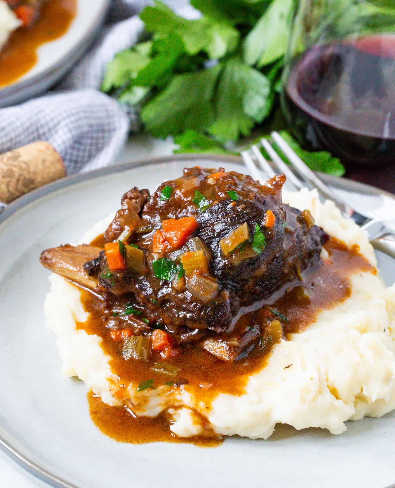 Red wine braised short rib, placed atop mashed potatoes.