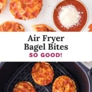 Air fryer bagel bites Pinterest graphic with text and photos.
