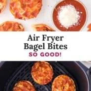 Air fryer bagel bites Pinterest graphic with text and photos.