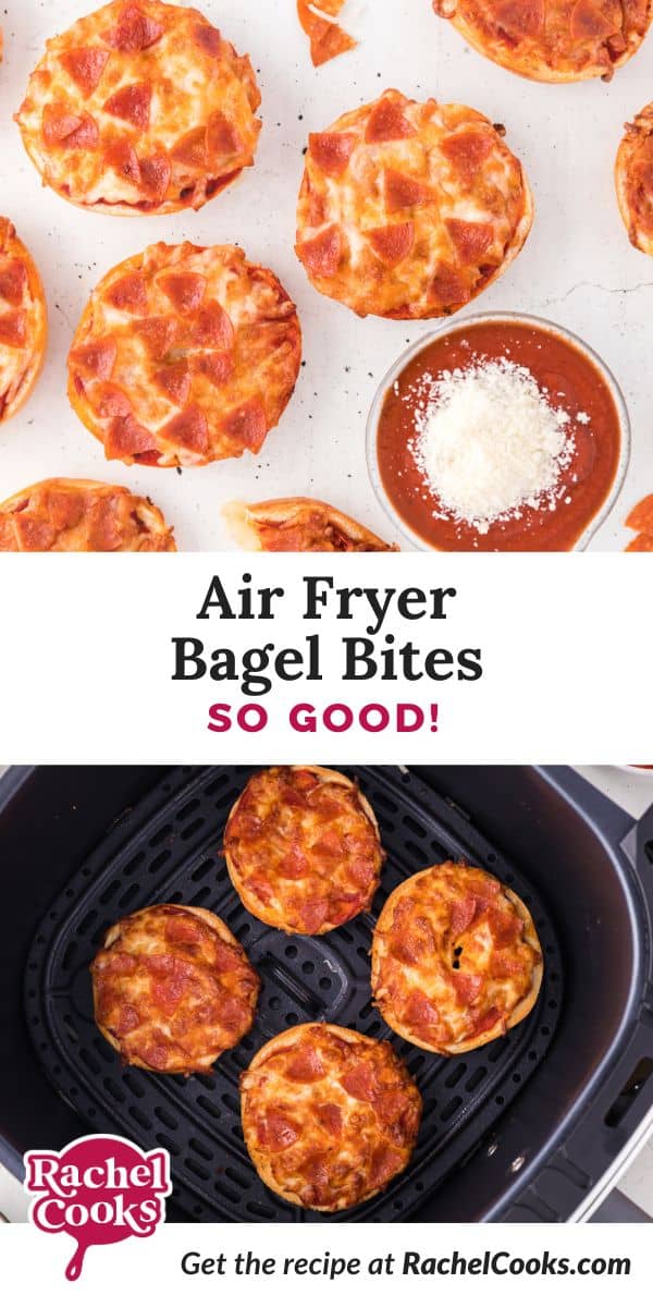 Air fryer bagel bites Pinterest graphic with text and photos.