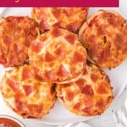 Air fryer bagel bites Pinterest graphic with text and photos.