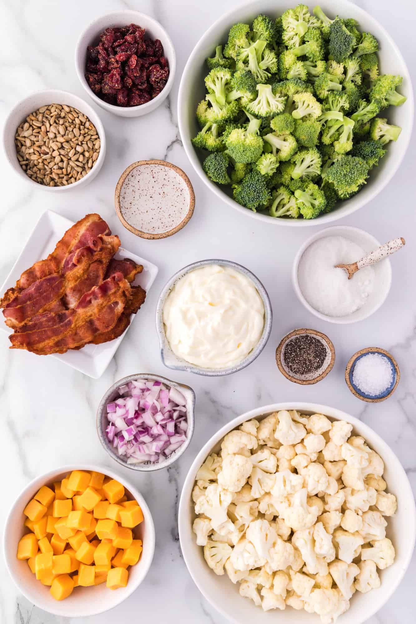 Broccoli cauliflower salad ingredients.