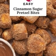 Cinnamon sugar pretzel bites Pinterest graphic with text and photos.
