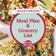Vegetarian meal plan graphic with text and photos, reading meal plan and grocery list.