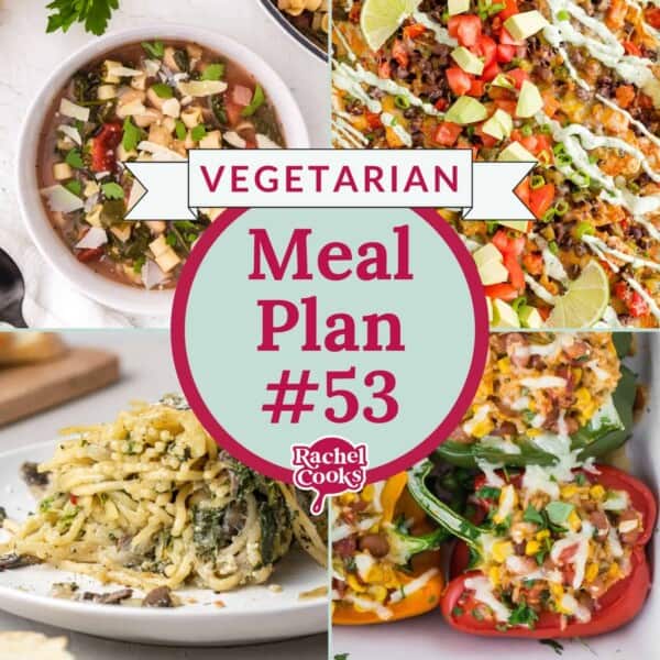 Vegetarian meal plan graphic with text and photos, reading meal plan 53.