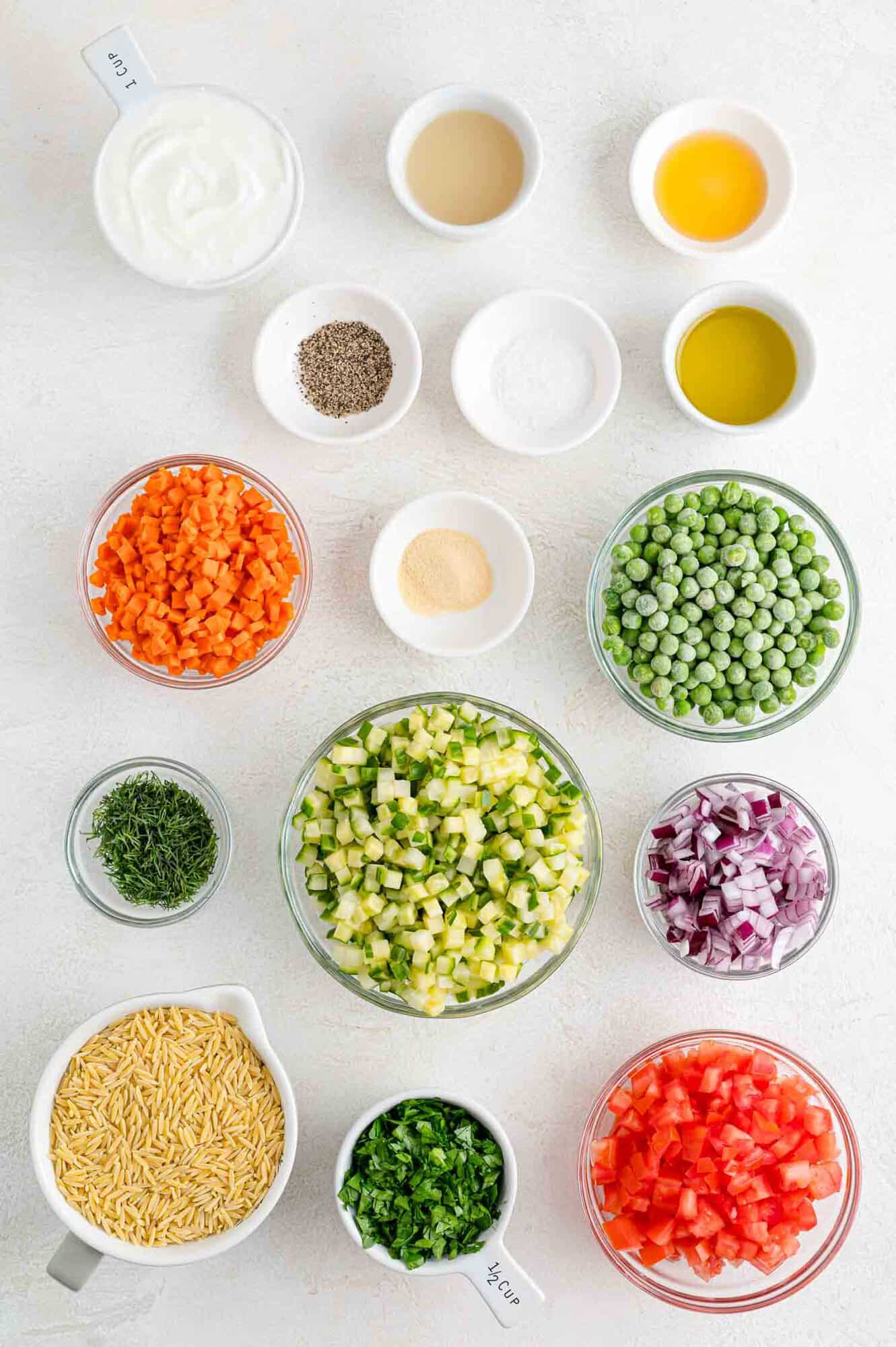 Overhead view of ingredients needed for both the salad and the dressing.