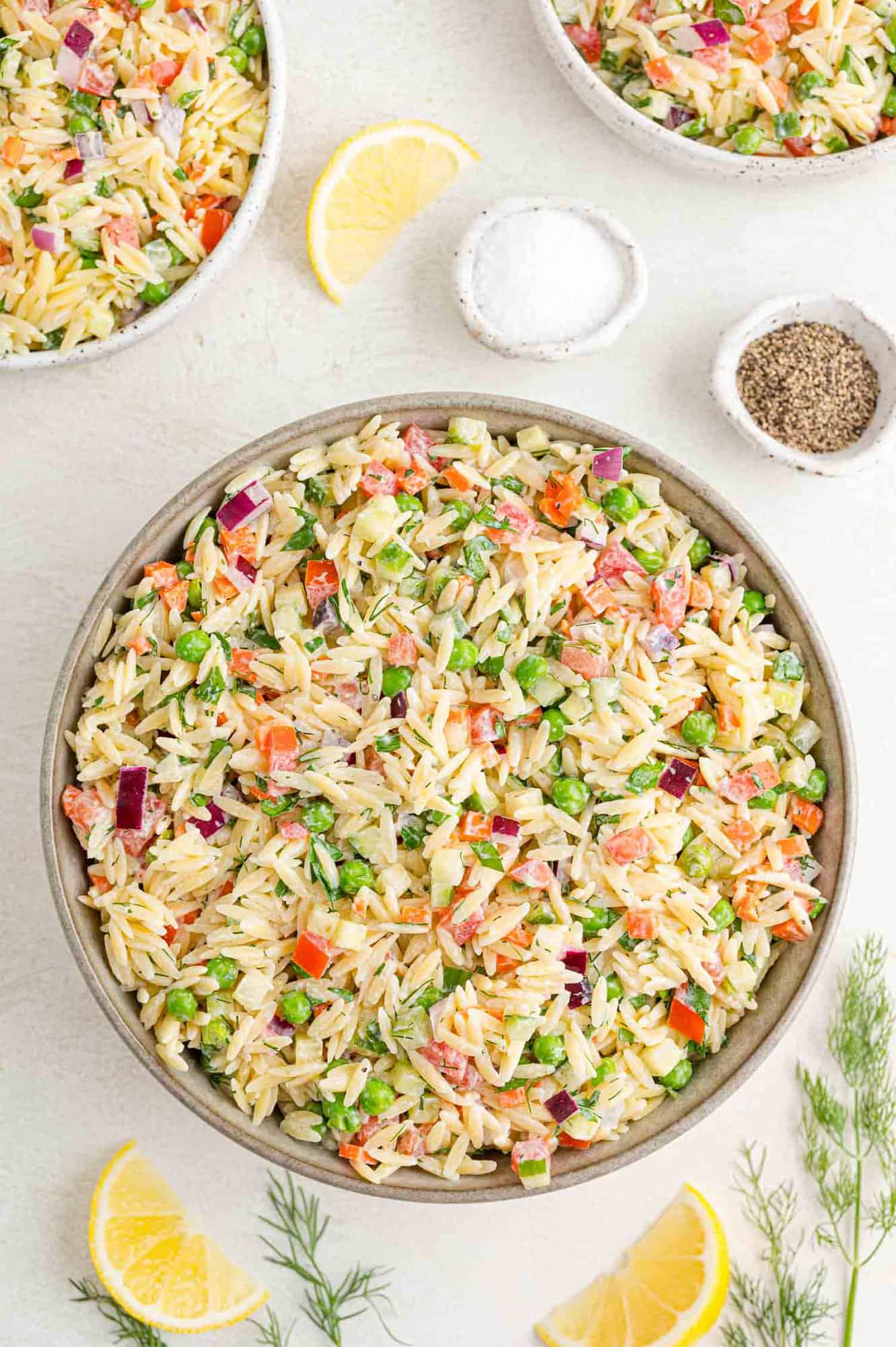 Completed salad in a large serving bowl, surrounded by select ingredients.