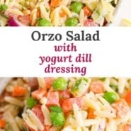 Orzo salad Pinterest graphic with text and photos.