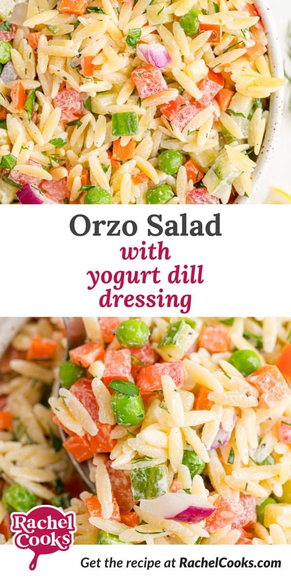 Orzo salad Pinterest graphic with text and photos.