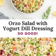 Orzo salad Pinterest graphic with text and photos.