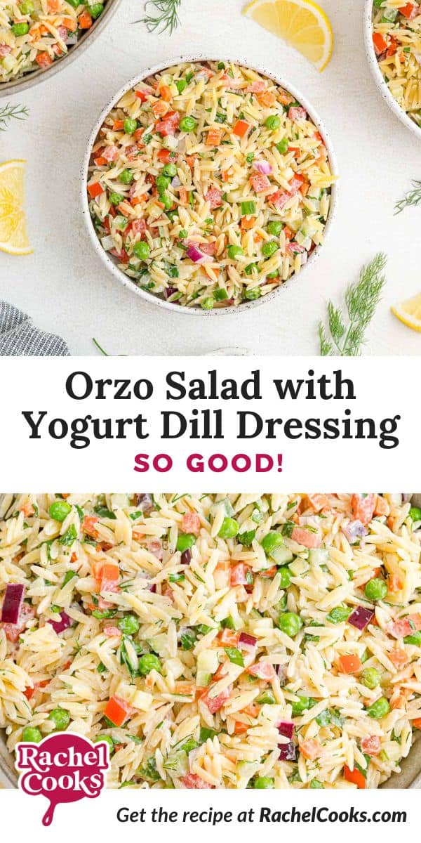 Orzo salad Pinterest graphic with text and photos.