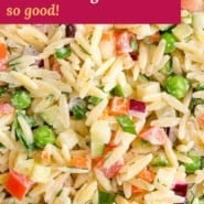 Orzo salad Pinterest graphic with text and photos.