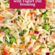 Orzo salad Pinterest graphic with text and photos.