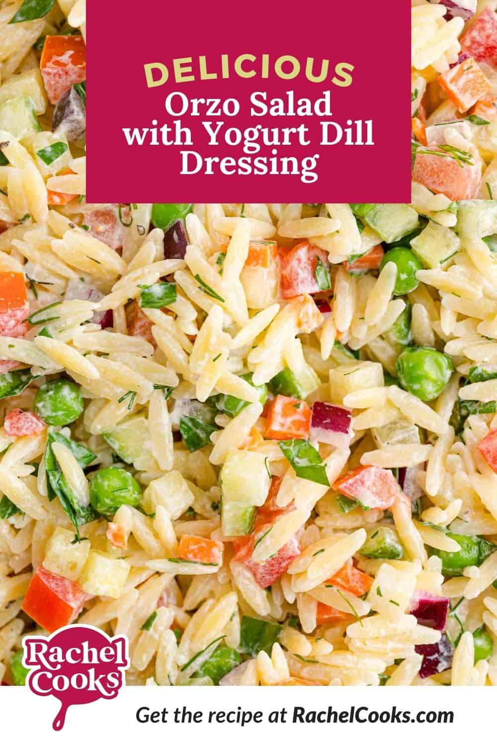 Orzo salad Pinterest graphic with text and photos.