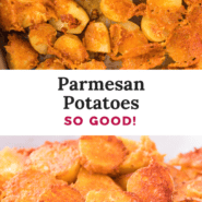 Parmesan potatoes Pinterest image with text overlay with the recipe name.