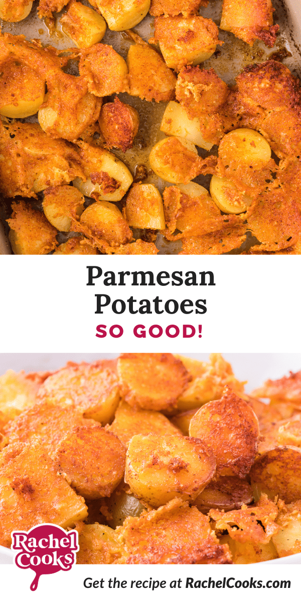 Parmesan potatoes Pinterest image with text overlay with the recipe name.