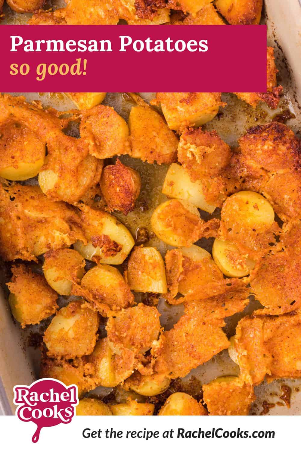 Parmesan potatoes Pinterest image with text overlay with the recipe name.