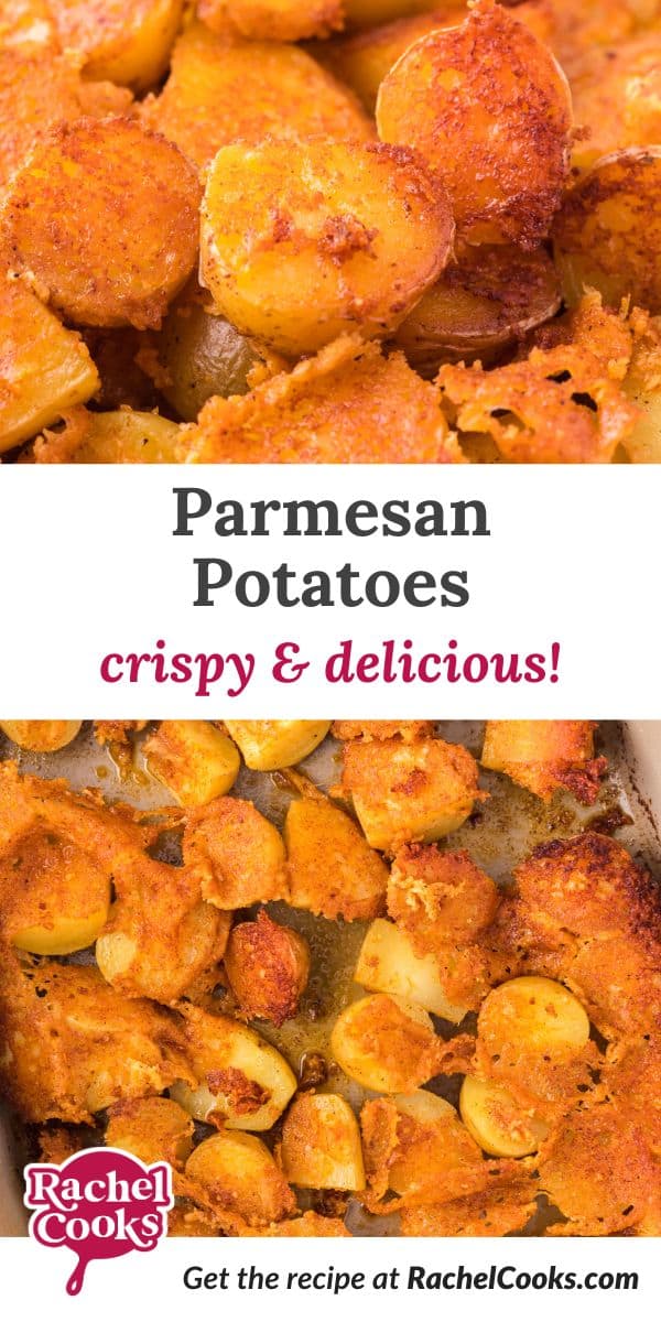 Parmesan potatoes Pinterest image with text overlay with the recipe name.