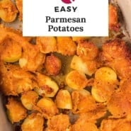 Parmesan potatoes Pinterest image with text overlay with the recipe name.