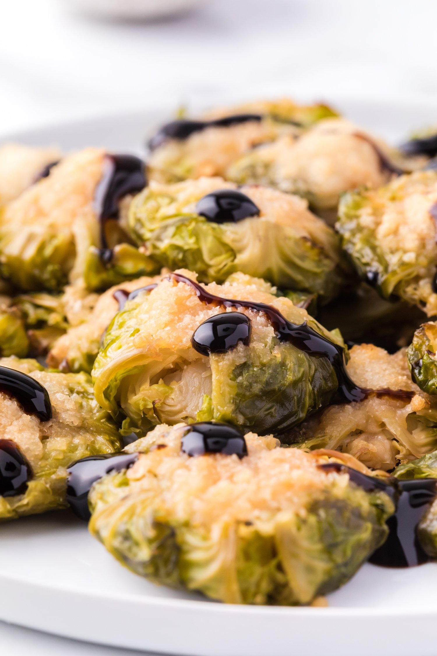 Brussels sprouts, drizzled with balsamic glaze.