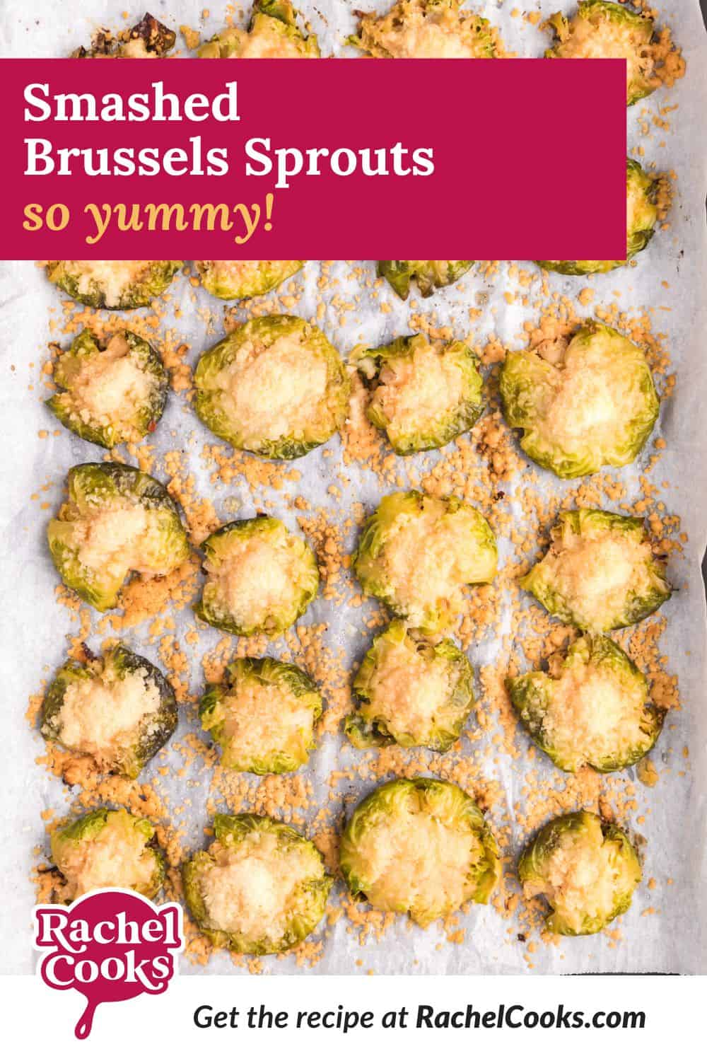 Smashed Brussels sprouts Pinterest graphic with text and photos.