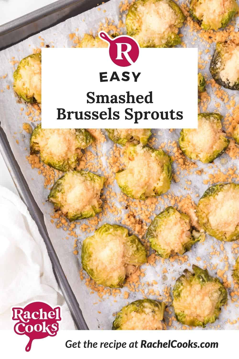 Smashed Brussels sprouts Pinterest graphic with text and photos.