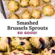 Smashed Brussels sprouts Pinterest graphic with text and photos.