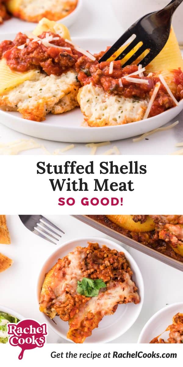 Stuffed Shells with meat sauce Pinterest graphic with text and photos.
