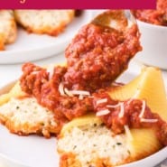 Stuffed Shells with meat sauce Pinterest graphic with text and photos.