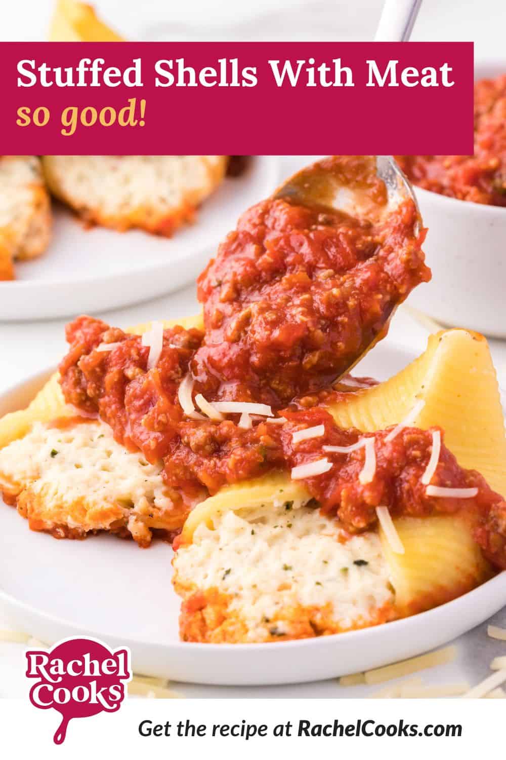 Stuffed Shells with meat sauce Pinterest graphic with text and photos.