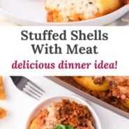 Stuffed Shells with meat sauce Pinterest graphic with text and photos.