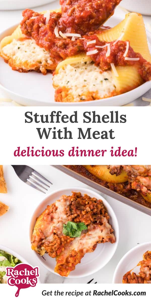 Stuffed Shells with meat sauce Pinterest graphic with text and photos.