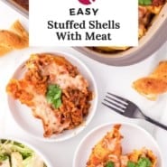 Stuffed Shells with meat sauce Pinterest graphic with text and photos.