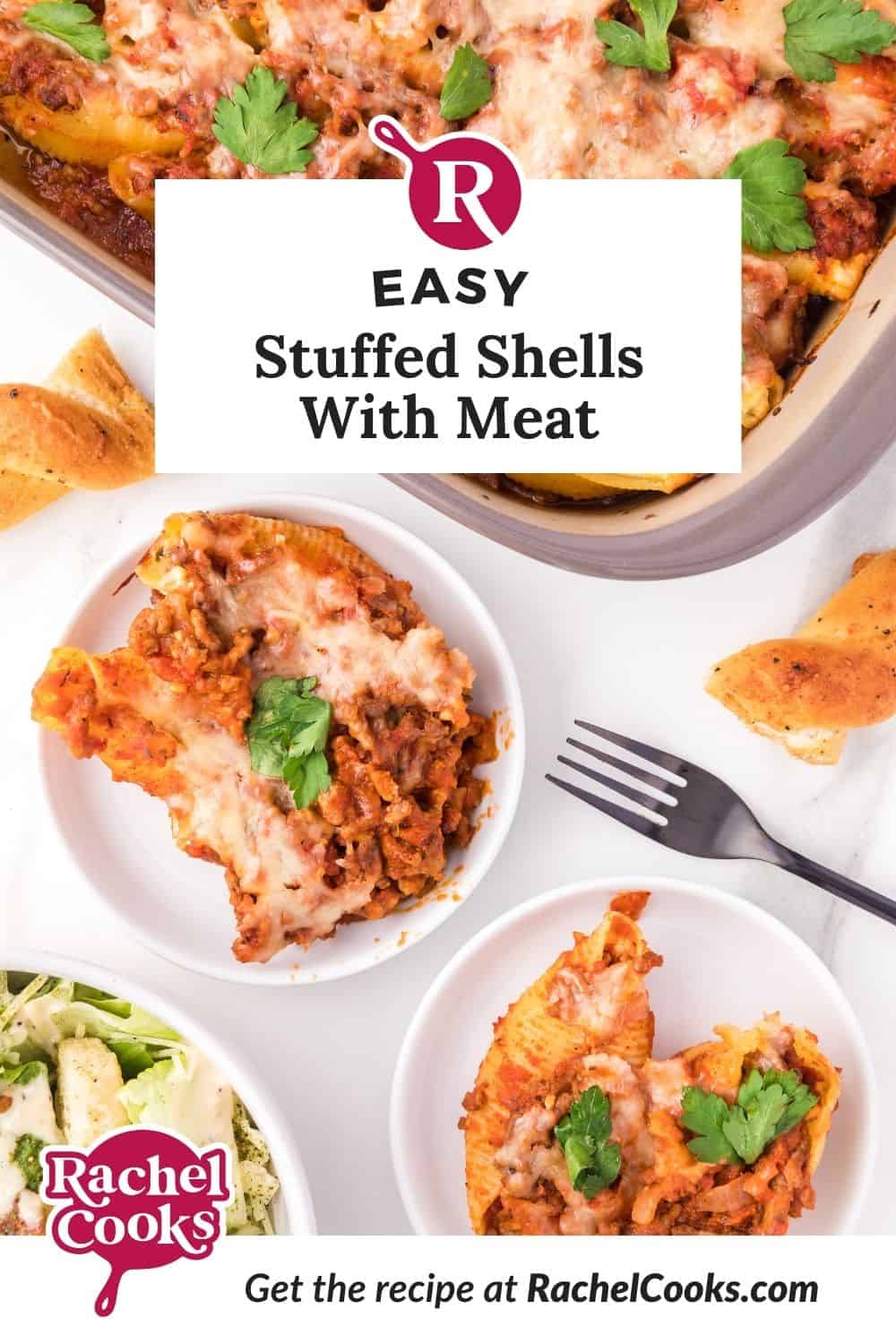 Stuffed Shells with meat sauce Pinterest graphic with text and photos.