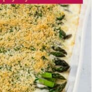 Asparagus casserole Pinterest graphic with text and photos.