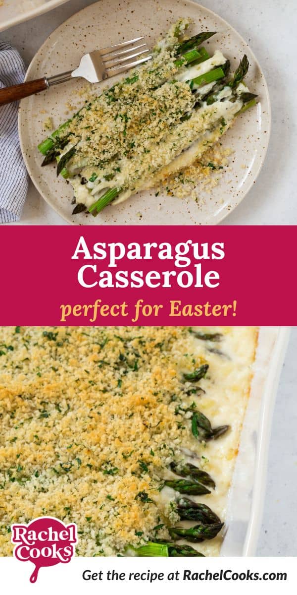Asparagus casserole Pinterest graphic with text and photos.