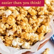 Homemade caramel corn Pinterest graphic with text and images.