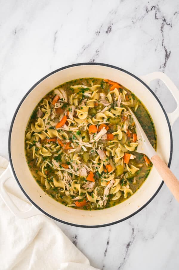 Finished chicken noodle soup in a large pot with a spoon.