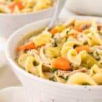 A bowl of chicken noodle soup with a second bowl of soup in the background.