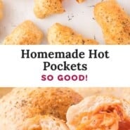 Homemade hot pockets Pinterest graphic with text and photos.