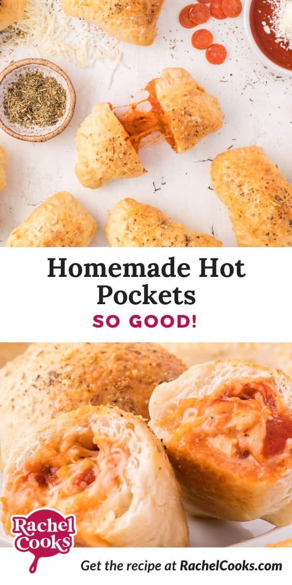 Homemade hot pockets Pinterest graphic with text and photos.
