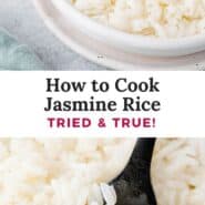 How to cook jasmine rice Pinterest graphic with text and photos.