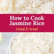 How to cook jasmine rice Pinterest graphic with text and photos.