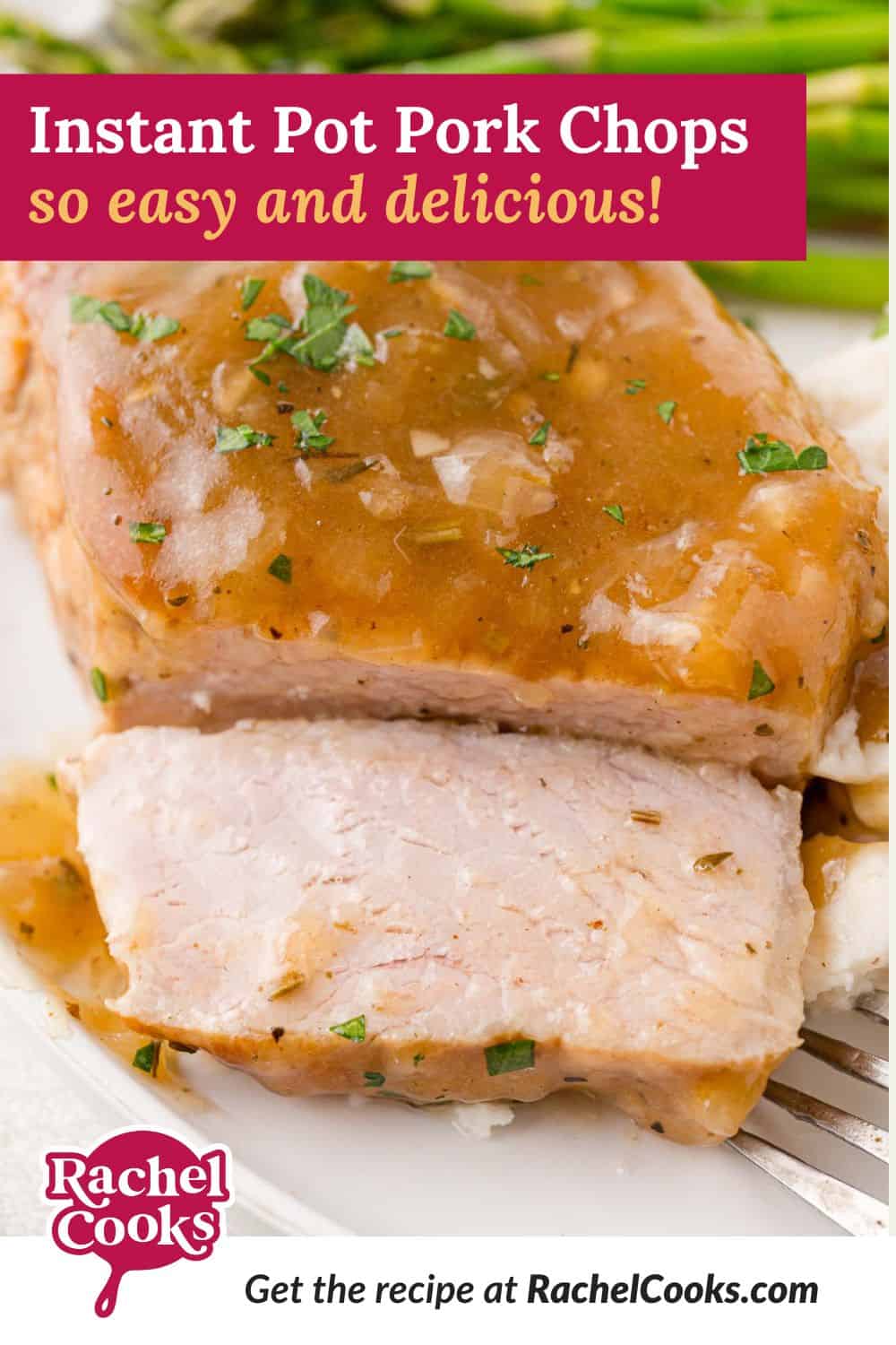 Instant Pot pork chop Pinterest graphic with text and photos.